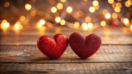 Obraz premium Two red hearts with a subtle sparkle on wooden background, with soft focus and warm lighting creating a cozy atmosphere for Valentine's Day, gift, decoration