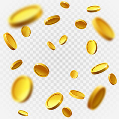 Realistic gold coin. Explosion of gold coins