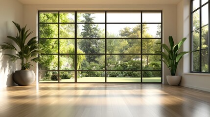 A bright, empty modern loft with sleek wooden floors, huge windows facing a garden, and neutral tones ideal for copy space.