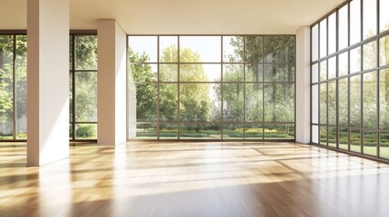 Obraz premium A bright, empty modern loft with sleek wooden floors, huge windows facing a garden, and neutral tones ideal for copy space.
