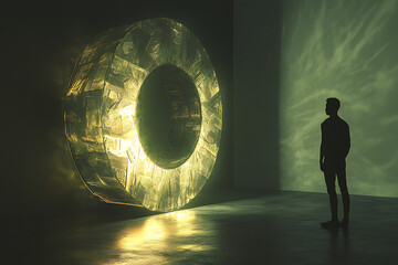 A dark room illuminated by a glowing financial vortex with futuristic holographic elements and abstract digital atmosphere