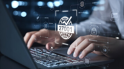 ISO 27001, ISO certification, ISO 27001 certified business, Information security management system. International Organization for Standardization. businessman doing ISO verification on a laptop