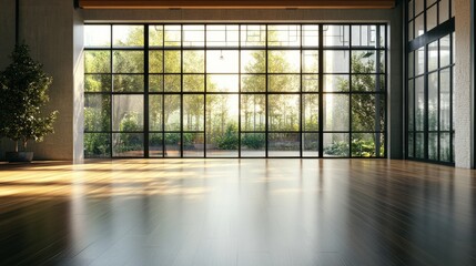 A contemporary empty loft featuring smooth wooden floors, large glass windows, and a garden view bathed in natural light.