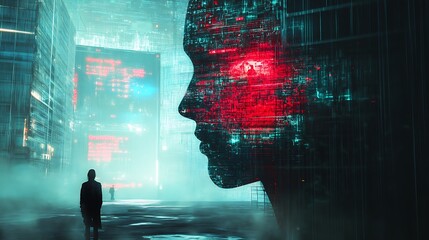 Futuristic city, AI face, cyberpunk.