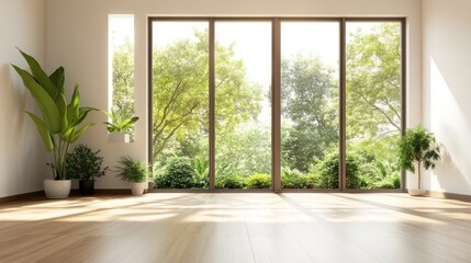 A light-filled contemporary loft space featuring wooden flooring, clean lines, and large windows showcasing a green garden