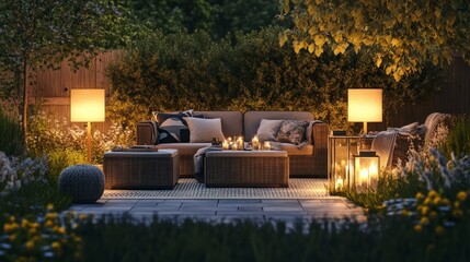 A luxurious garden setup with rattan furniture, a stylish table, and tall outdoor lamps casting soft light over the cozy seating area.