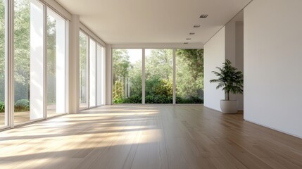 A minimalist empty room in a modern loft with clean wooden floors, large windows to a garden, and a bright, airy atmosphere.