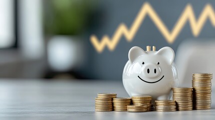 Piggy bank surrounded by coins and financial graphs, representing stock market growth and financial success against a light blue backdrop