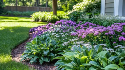Lush Garden Landscape with Colorful Flowers and Green Turf