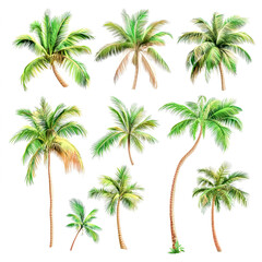 Fototapeta premium Set of tropical palm trees, cut out isolated on white backround