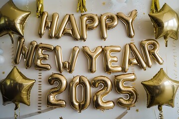 Happy New Year 2025 Golden Balloons and Starry Decorations