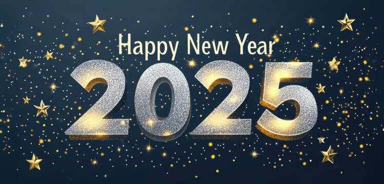 Happy new year 2025 with silver metallic numbers on dark background. - Powered by Adobe