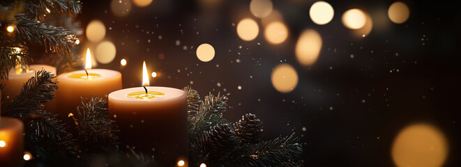 A banner with candles and lights, symbolizing the festive atmosphere of Christmas or New Year. The background is dark blue with bokeh effects creating an elegant and mysterious effect. 