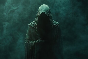 A hooded figure with an indistinct face stands alone in the shadows