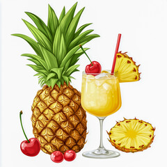 Pina Colada with pineapple and cherry on top white background