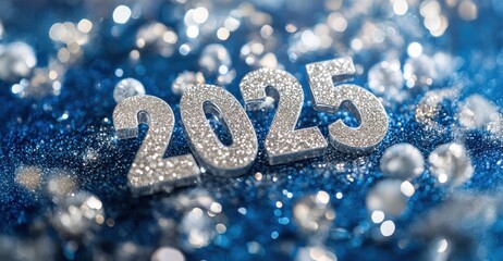 Happy new year 2025 with silver metallic numbers on dark background.