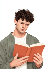 Young man with curly hair reading a book, looking confused or puzzled in a casual outfit, isolated on white background