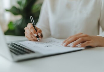 Woman Writing on Document Next to Laptop with Greenery Background