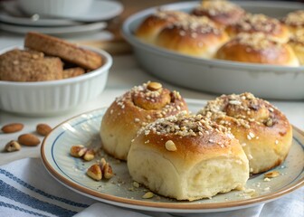 The buns are sweet. Homemade sweet buns with nuts for breakfast. Sweet pastries for dessert.