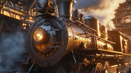 Naklejka premium Vintage Steam Locomotive in Dramatic Lighting and Steam Effects