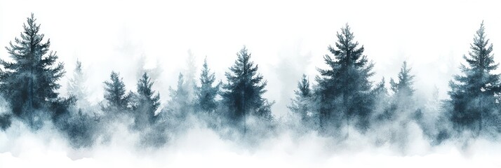 Obraz premium A painting of a foggy forest with trees shrouded in fog