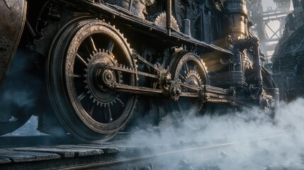 Rusty Steam Engine Gears with Dramatic Light and Fog Effect