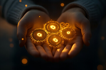 Person holding glowing holographic financial gears in hand representing futuristic data visualization and advanced technological concepts