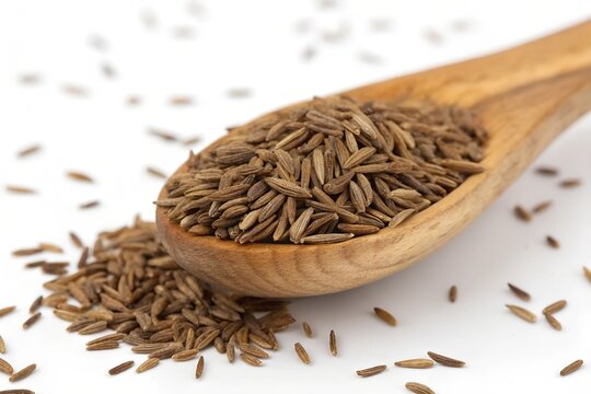 cumin seeds in wooden scoop on white background