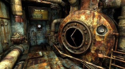Abandoned Industrial Engine Room with Rusty Pipes and Equipment