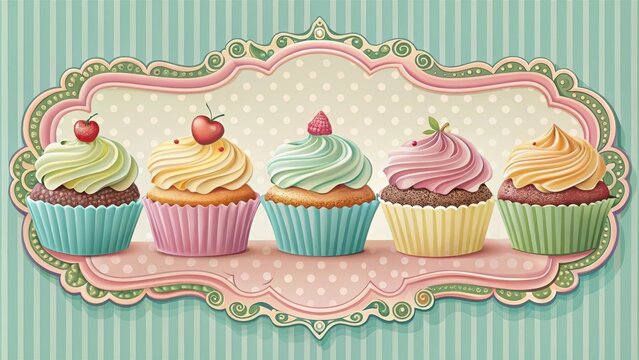 Colorful vintage style cupcake bakery signs with decorative fonts and pastel colors, signt, bakery