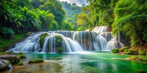 Fototapeta premium A serene waterfall cascading into a foamy river with lush greenery surrounding it , riverbank, landscape