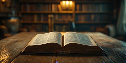 Obraz premium Open Book on Wooden Table in a Cozy Library Setting