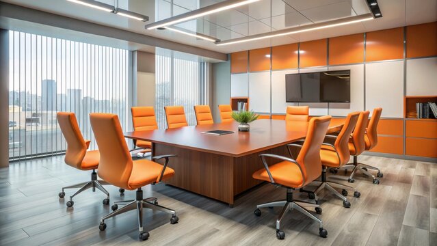 Modern conference room with orange accent table and chairs