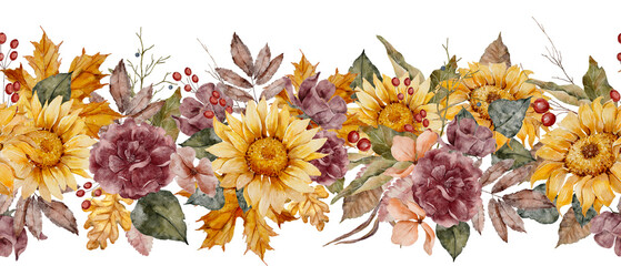 Watercolor sunflower and floral seamless border. Bright sunflowers, roses and autumn foliage in a painterly style-  ideal for wedding stationery, posters, fabric patterns and social media graphics.