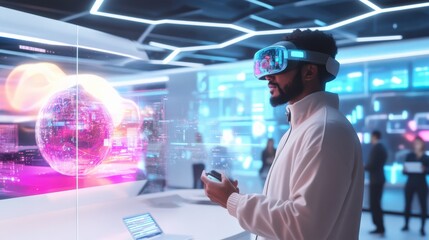 Virtual reality experience revolutionizes technology showcase modern office digital content futuristic environment user perspective