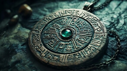 Fototapeta premium Antique emerald pendant necklace with runes.
