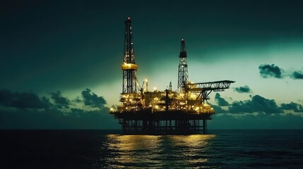Oil Rig at Dusk with Illuminated Structure in Open Ocean Waters