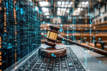 A wooden gavel sits on top of a laptop computer