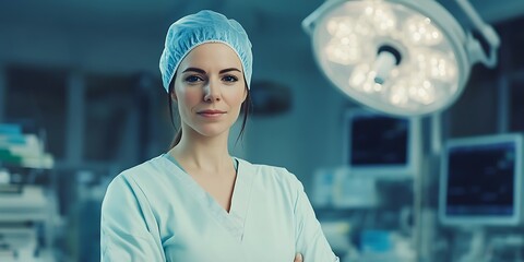 Female anesthesiologist standing confidently in an operating room, looking professional