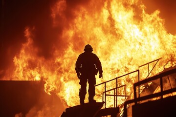 A firefighter stands on a fire escape, looking out over a burning building