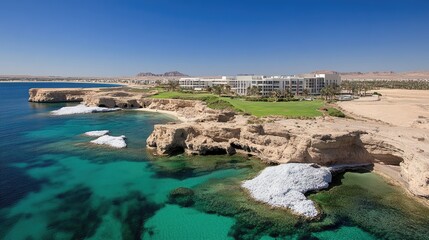 Obraz premium Crystal-clear waters reflect the sun as rugged cliffs form a stunning backdrop, showcasing the natural beauty of Wadi Shab in Oman