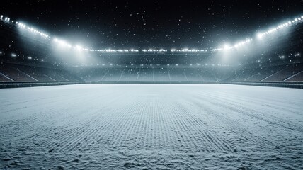 A snow-covered stadium field under bright lights, creating a serene and atmospheric winter sports scene.