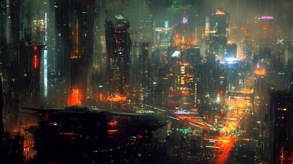 Cyberpunk city at night, futuristic cityscape with flying vehicle.