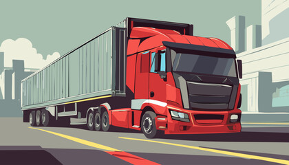 Vector illustration of a red semi-trailer truck on the road