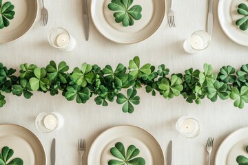 A table decorated with multiple green four-leaf clovers and a simple neutral background, enhancing the festive spirit of St. Patrick's Day. A perfect touch of luck and celebration for indoor settings
