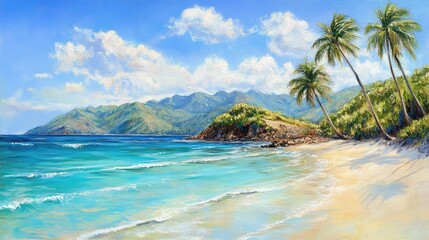 Obraz premium Tropical Beach Scene with Palm Trees and Clear Blue Water