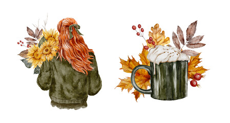 Cozy autumn bouquet with cozy girl and sunflowers, coffee mug and fall leaves-  watercolor illustration for seasonal greeting cards, packaging, and social media.