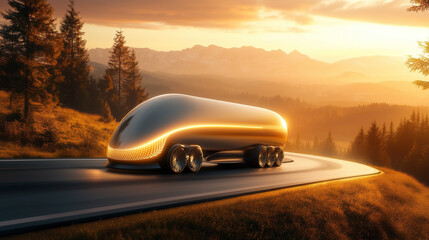 a futuristic truck on countryside road
