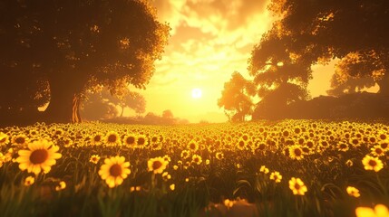 Vibrant Sunflower Field at Sunset Surrounded by Lush Green Trees