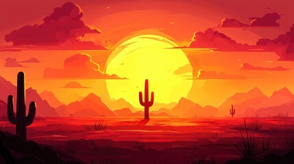 Fototapeta premium Vibrant Sunset Over Desert Landscape with Cactus Silhouettes